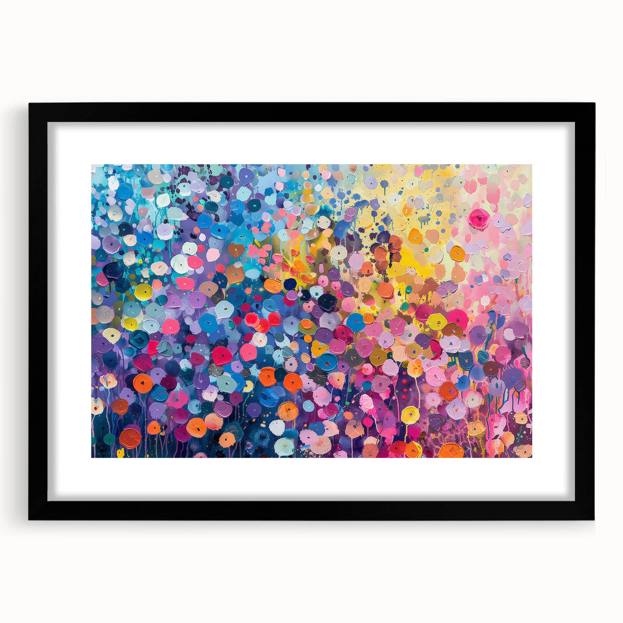 Framed wall art featuring a vibrant wildflower design in a black frame with a mat, ideal for home decor, enhancing any space with nature's beauty.