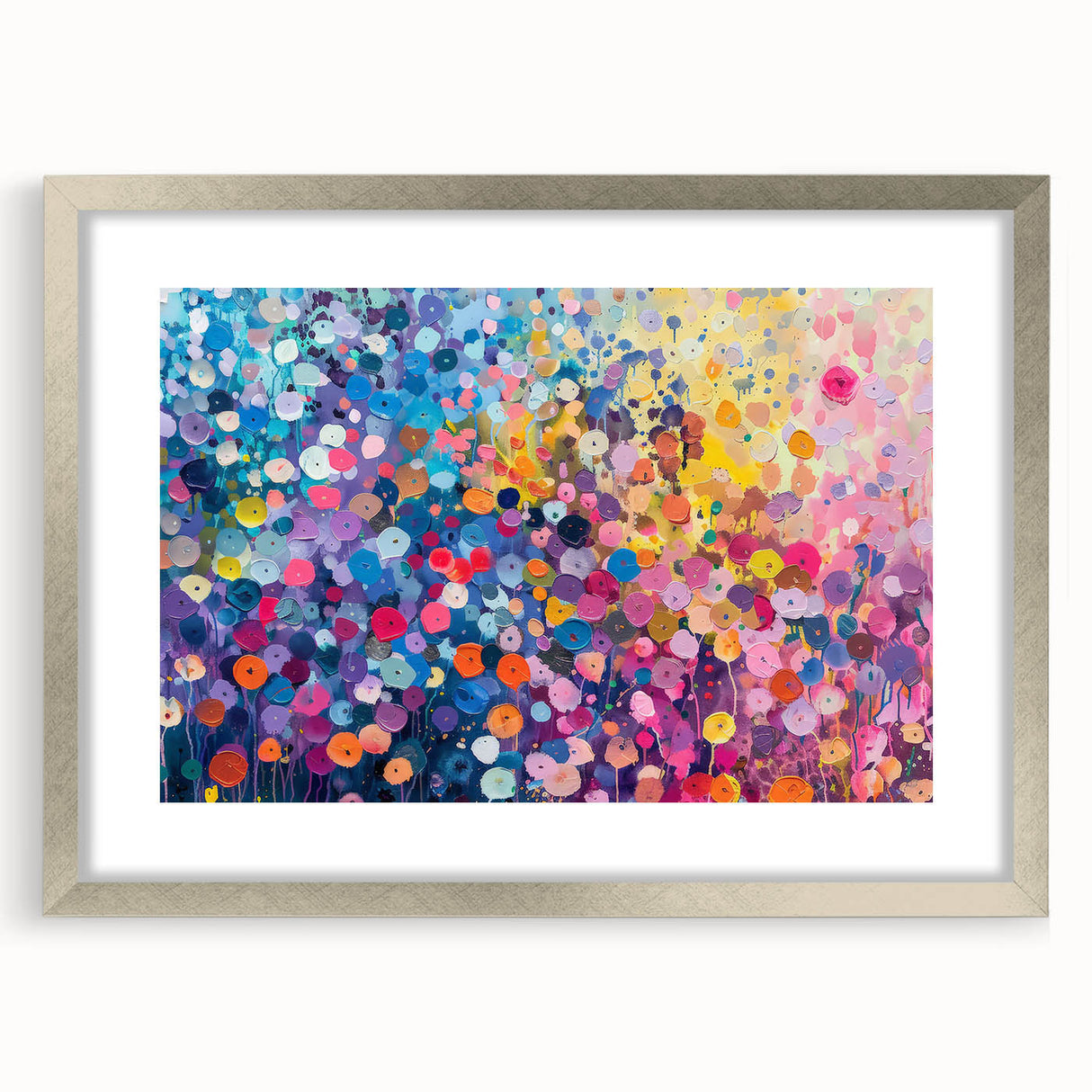 Framed wall art collection featuring vibrant wildflower design in a silver frame with matting, perfect for home decor, adding a touch of nature and elegance.