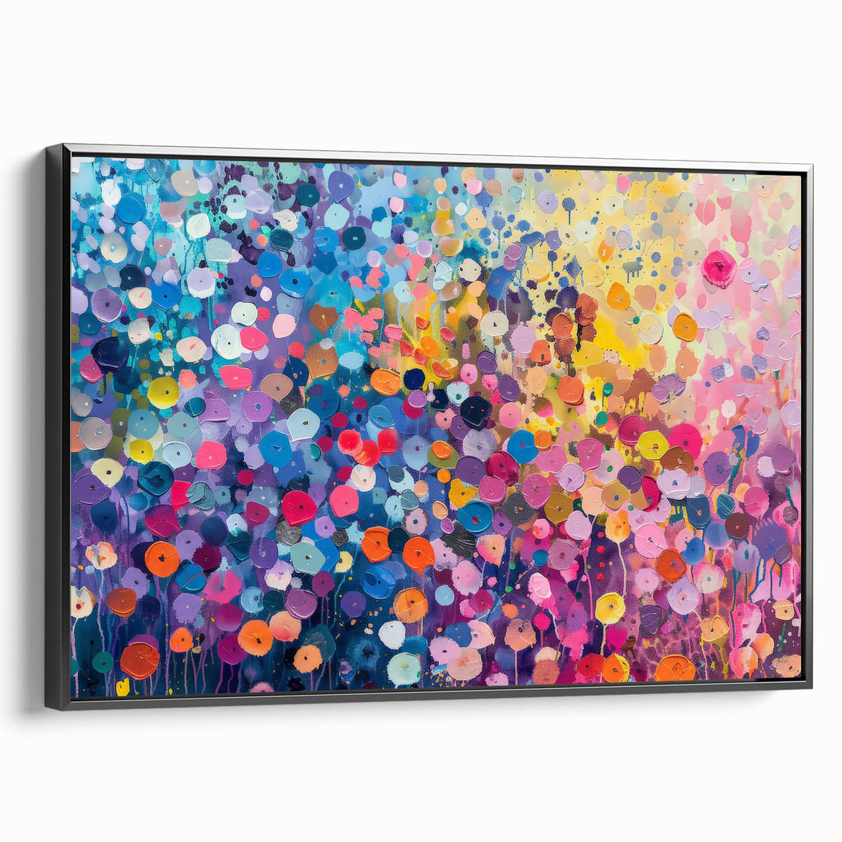 Framed canvas wall art showcasing a vibrant wildflower design in a contemporary black frame, viewed from the side, perfect for home decor enhancement.