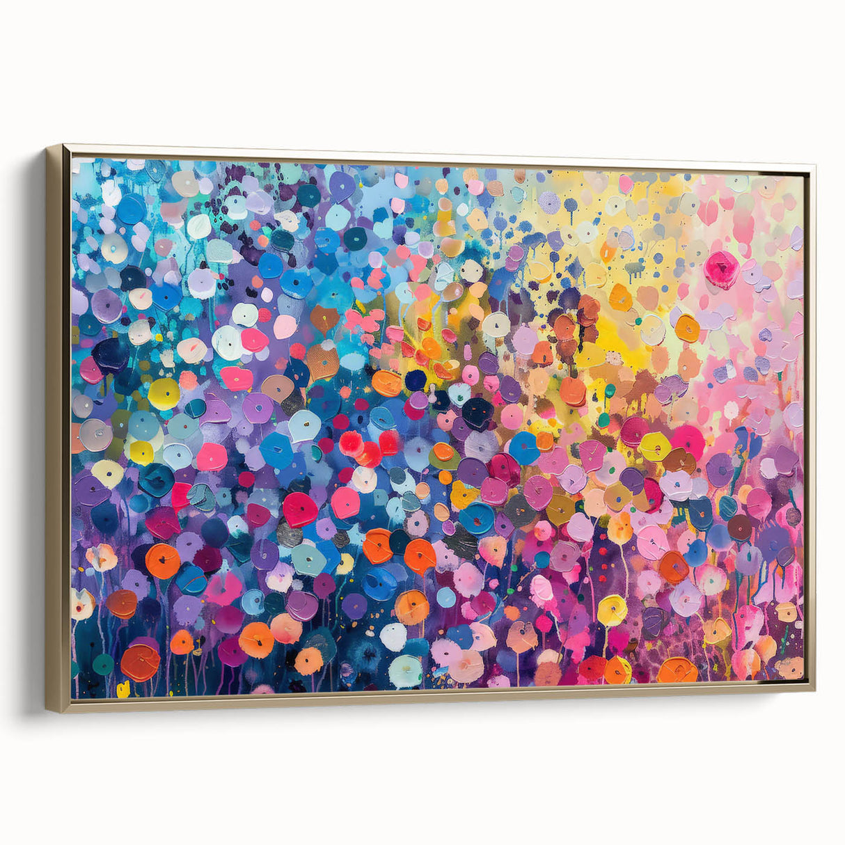Framed wall art collection showcasing a vibrant wildflower design on canvas, featuring a sleek gold frame and side view perspective, perfect for home decor.