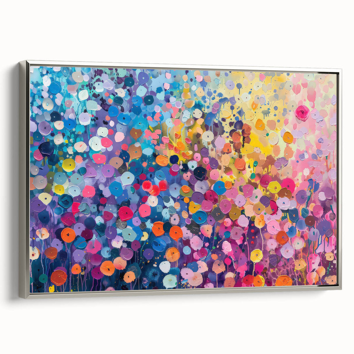 Framed wall art collection showcasing a silver bordered canvas featuring vibrant wildflower designs, perfect for enhancing modern home decor with a touch of nature.