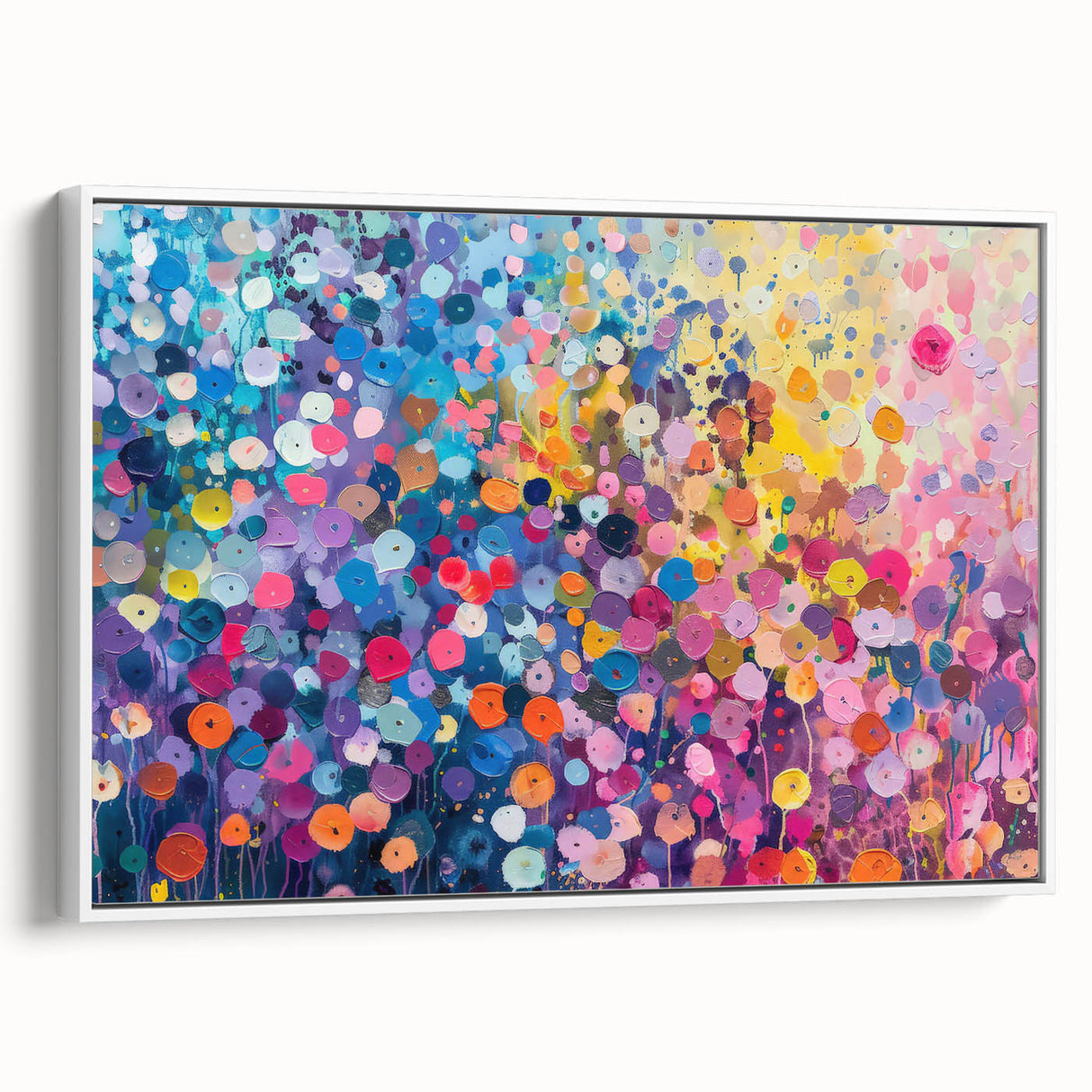 Framed canvas wall art showcasing a vibrant wildflower design, featuring a textured surface and a sleek white frame, adding a modern touch to any decor.
