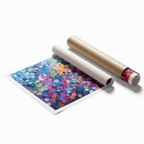 Colorful wildflower wall art print showcasing a vibrant design featuring various blooming flowers in shades of yellow, pink, and blue, ideal for home decor. The rolled print is perfect for framing and brings a fresh touch to any interior space.