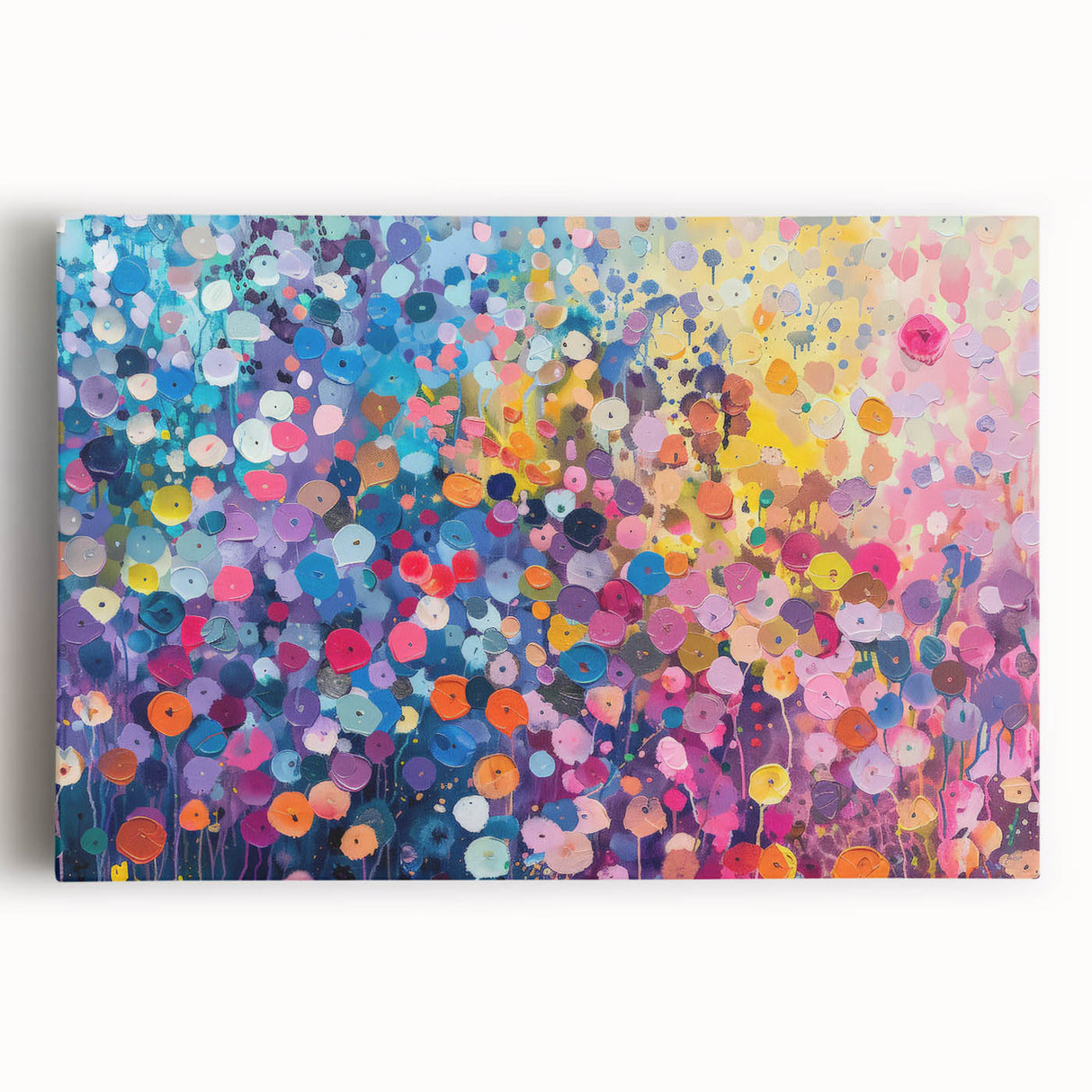 Colorful stretched canvas wall art showcasing a vibrant wildflower design, perfect for home decor. Ideal for brightening up living spaces with nature-inspired aesthetics.