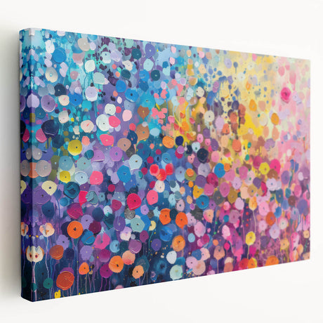Side view of a stretched canvas wall art piece showcasing a vibrant wildflower design, featuring bold colors and intricate details, perfect for home decor enhancement.