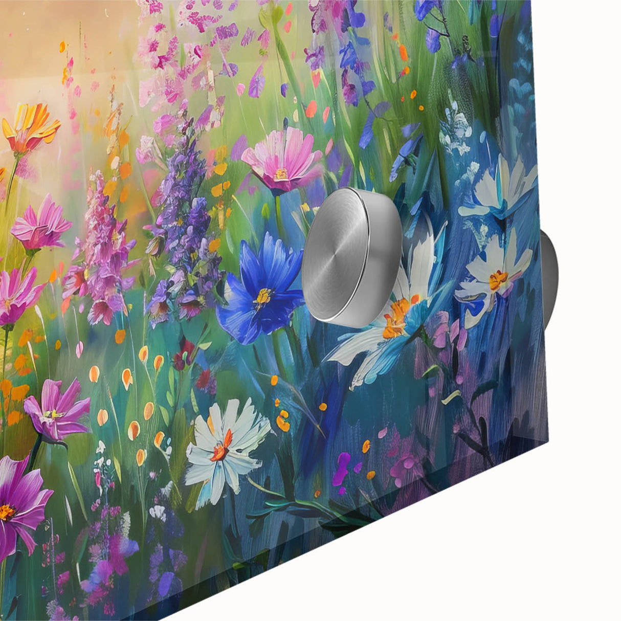 Close-up of vibrant wildflower wall art design featuring colorful acrylic glass with intricate floral details, perfect for adding a natural touch to home decor.
