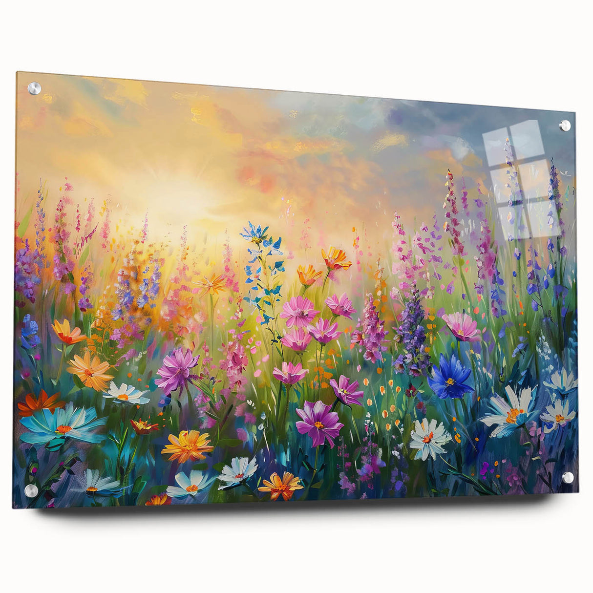Vibrant acrylic glass wall art featuring a wildflower design, showcasing vivid colors and a sleek side view with decorative pins for easy display. Perfect for enhancing home decor with a touch of nature-inspired elegance.
