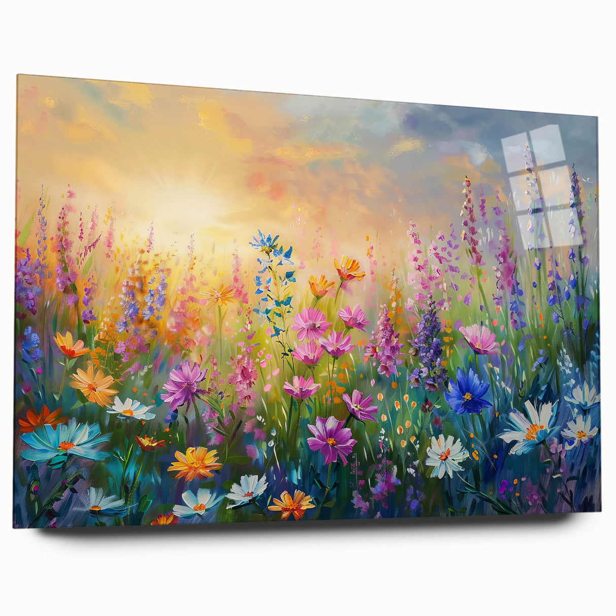 Acrylic glass wall art collection showcasing vibrant wildflower designs, displayed from a side view. Ideal for adding a colorful touch to home decor.