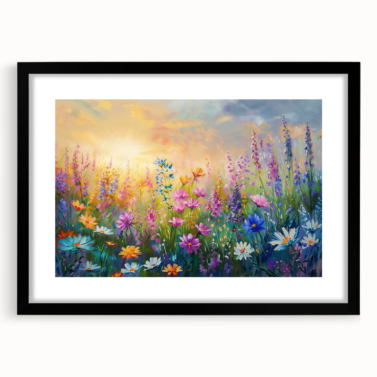 Framed wall art collection featuring a vibrant wildflower design in shades of yellow and purple, presented in a sleek black frame with a mat, perfect for home decor.