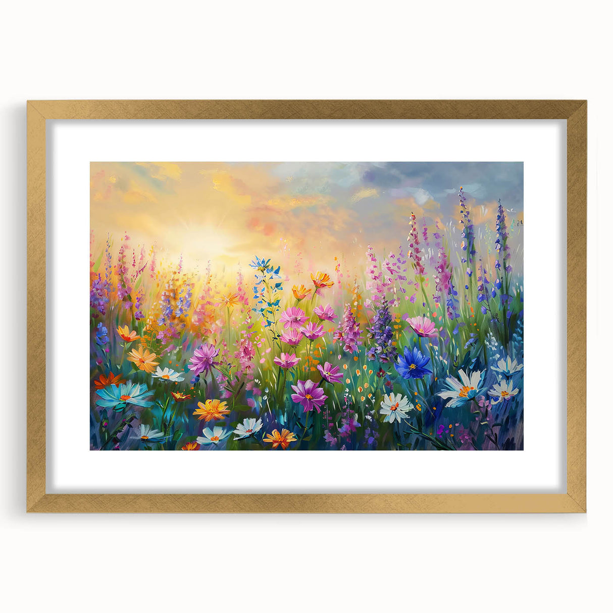 Elegant gold-framed wall art collection showcasing vibrant wildflower designs on a textured mat, perfect for enhancing home decor with natural beauty.