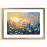 Elegant gold-framed wall art collection showcasing vibrant wildflower designs on a textured mat, perfect for enhancing home decor with natural beauty.