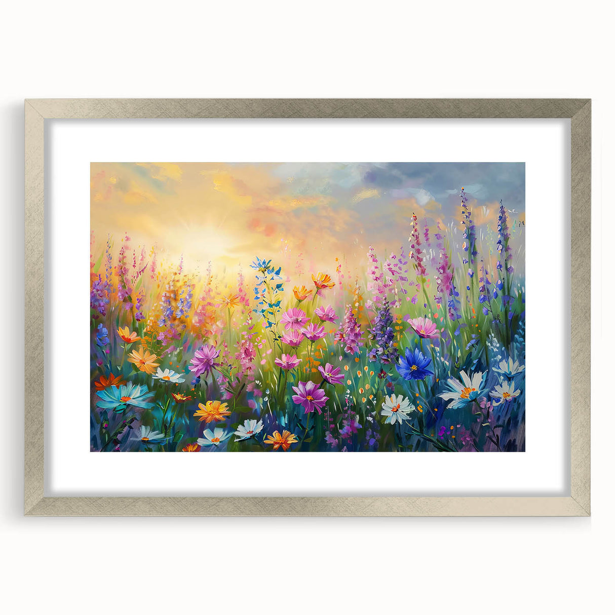 Framed wall art showcasing a colorful wildflower design with a silver mat, perfect for home decor, adding a touch of nature-inspired elegance.