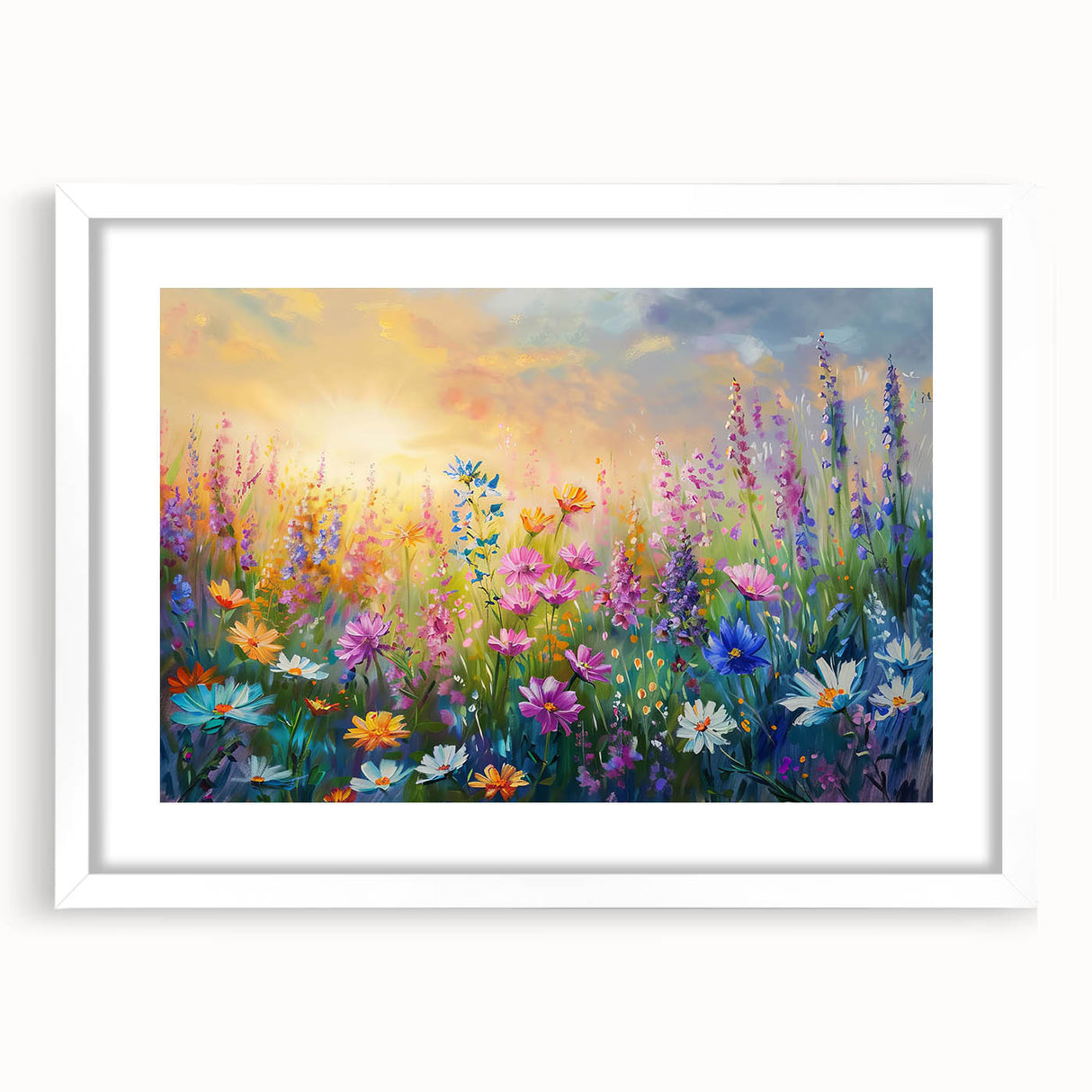 White-framed wall art featuring a vibrant wildflower design, showcasing colorful blooms and greenery, ideal for enhancing home decor with a touch of nature.