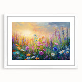 White-framed wall art featuring a vibrant wildflower design, showcasing colorful blooms and greenery, ideal for enhancing home decor with a touch of nature.