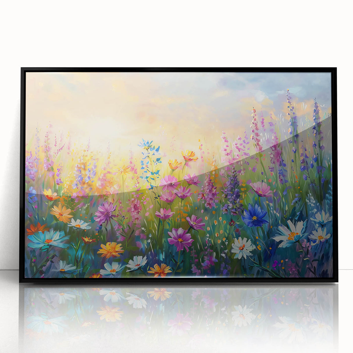 Framed wall art showcasing vibrant wildflower design in acrylic, with a sleek black frame, ideal for enhancing home decor and adding a touch of nature.
