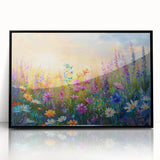 Framed wall art showcasing vibrant wildflower design in acrylic, with a sleek black frame, ideal for enhancing home decor and adding a touch of nature.