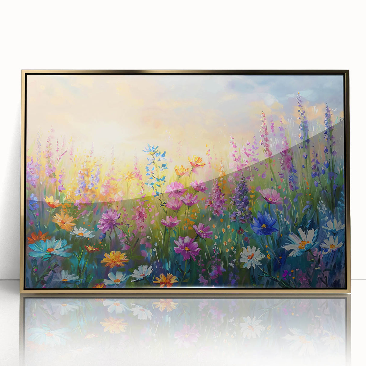 Framed acrylic wall art featuring a vibrant wildflower design, accented with a gold frame, showcasing intricate details and bright colors, ideal for home decor.