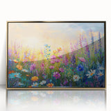 Framed acrylic wall art featuring a vibrant wildflower design, accented with a gold frame, showcasing intricate details and bright colors, ideal for home decor.