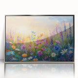Framed wall art showcasing a vibrant wildflower design in acrylic, with a sleek silver frame, ideal for home decor and enhancing interior aesthetics.