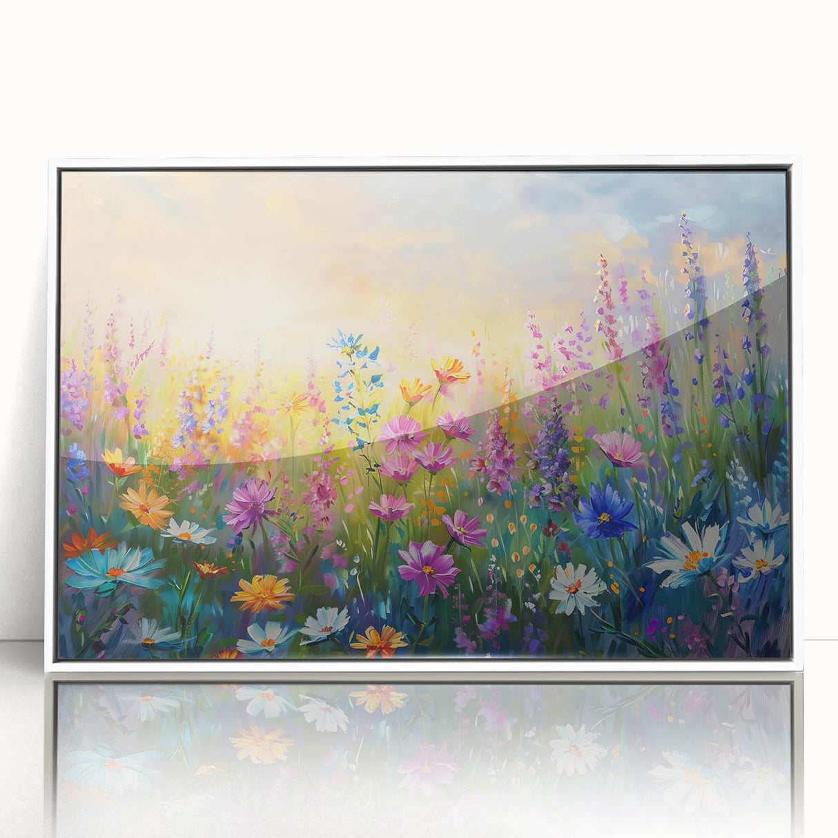 Framed wall art showcasing a vibrant wildflower design in acrylic, featuring a white frame that enhances the colorful floral pattern, perfect for home decor.