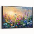 Framed wall art featuring a vibrant wildflower design on canvas, showcased in a sleek black frame, perfect for enhancing home decor with a touch of nature.