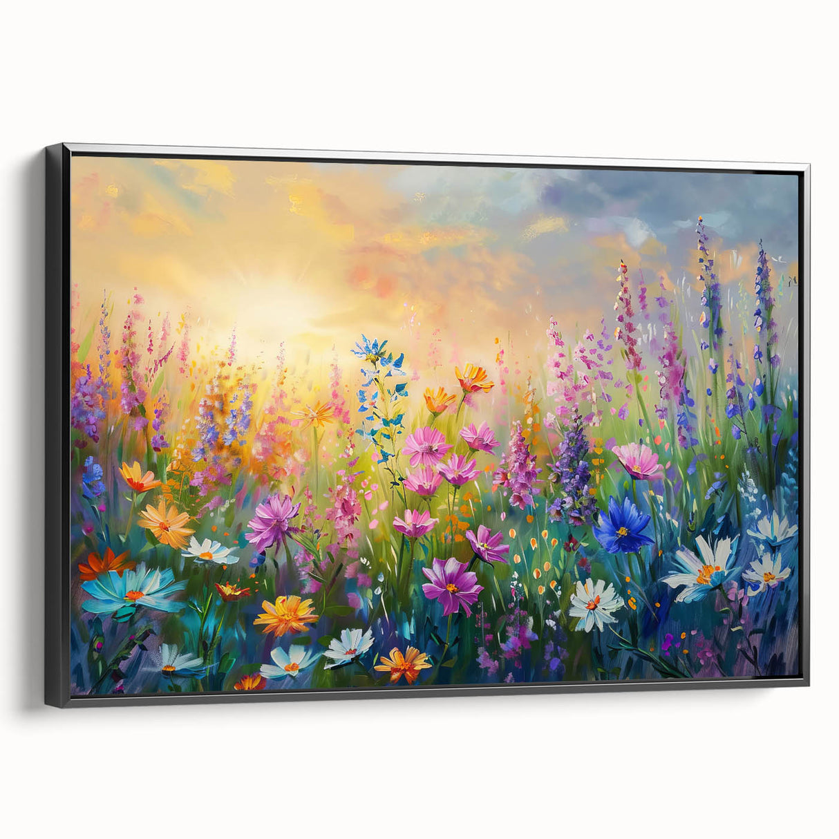 Framed wall art featuring a vibrant wildflower design on canvas, showcased in a sleek black frame, perfect for enhancing home decor with a touch of nature.