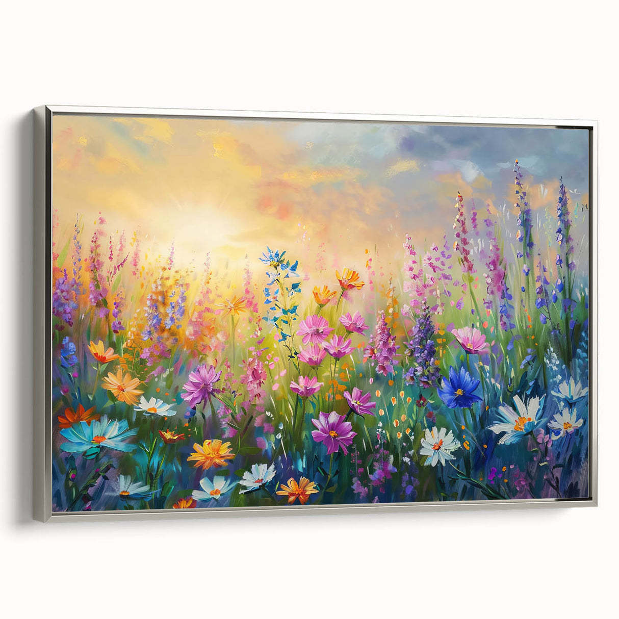 Framed canvas wall art featuring a vibrant wildflower design with a silver frame, showcasing colorful blossoms against a soft background, ideal for home decor.