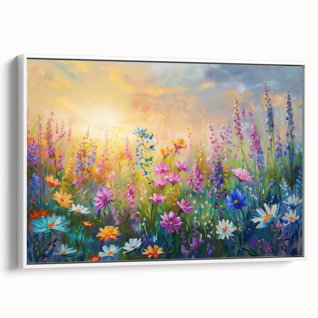 Framed wall art featuring a vibrant wildflower design on canvas, showcasing a white border and a side view that highlights its elegant presentation, perfect for home decor.