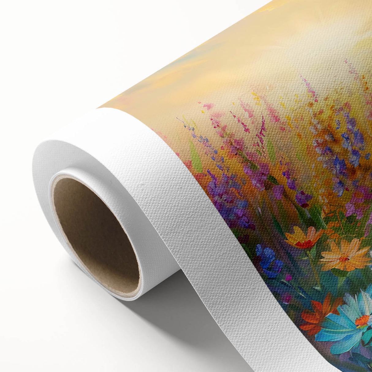 Vibrant rolled canvas showcasing a wildflower design in bold colors, perfect for home decor, featuring intricate details and a textured finish, elegantly packaged.