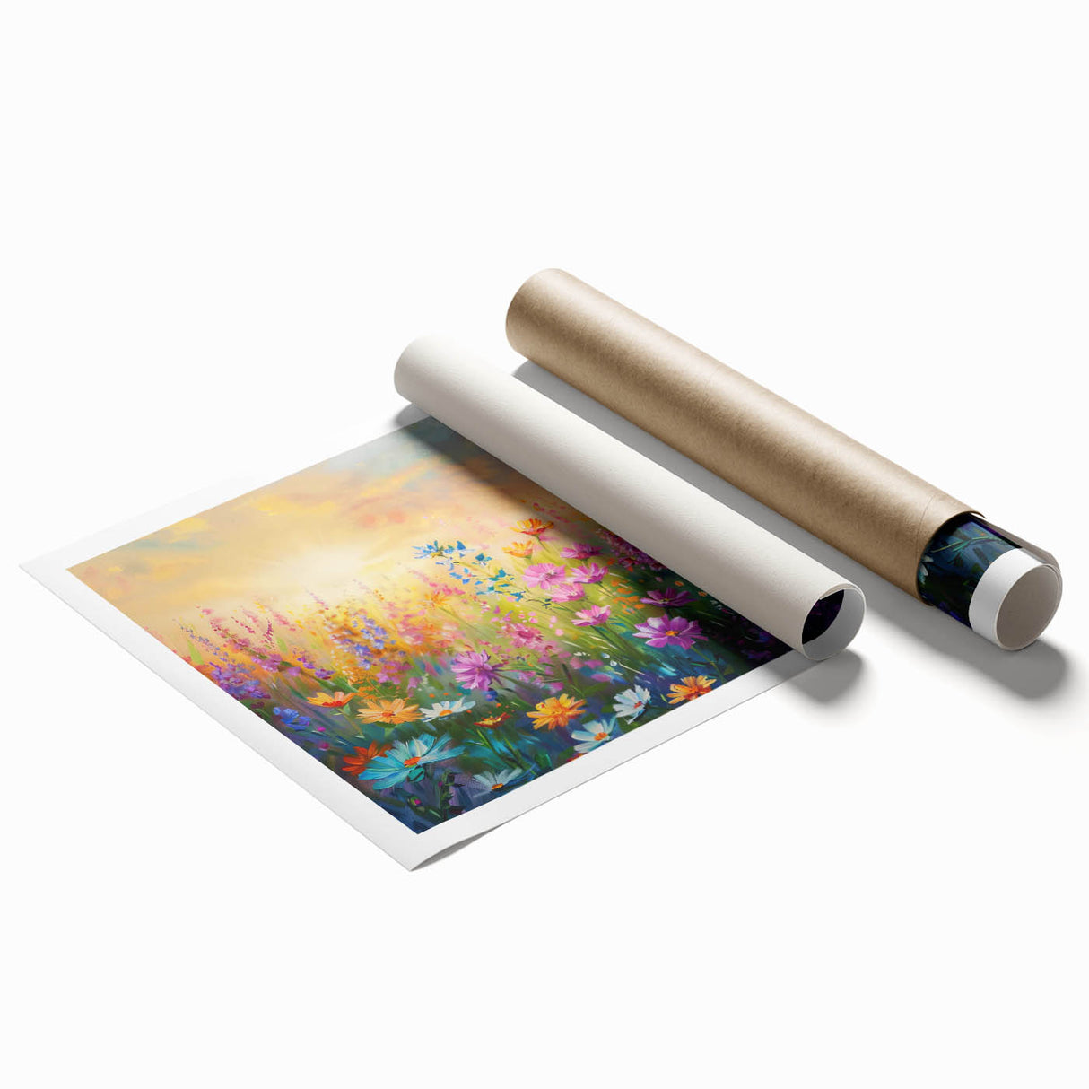 Vibrant rolled wall art print showcasing a wildflower design in various colors, elegantly packaged in a protective cardboard tube for easy transport and display.