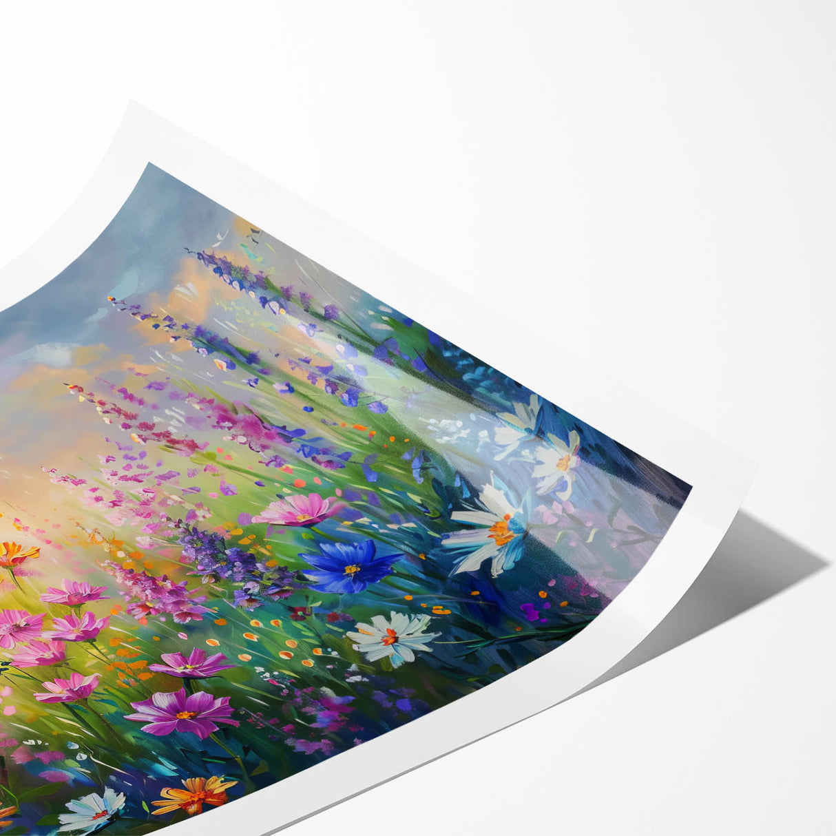 Vibrant rolled print of a wildflower wall art collection, showcasing colorful floral designs on textured paper, ideal for home decor and wall enhancement.
