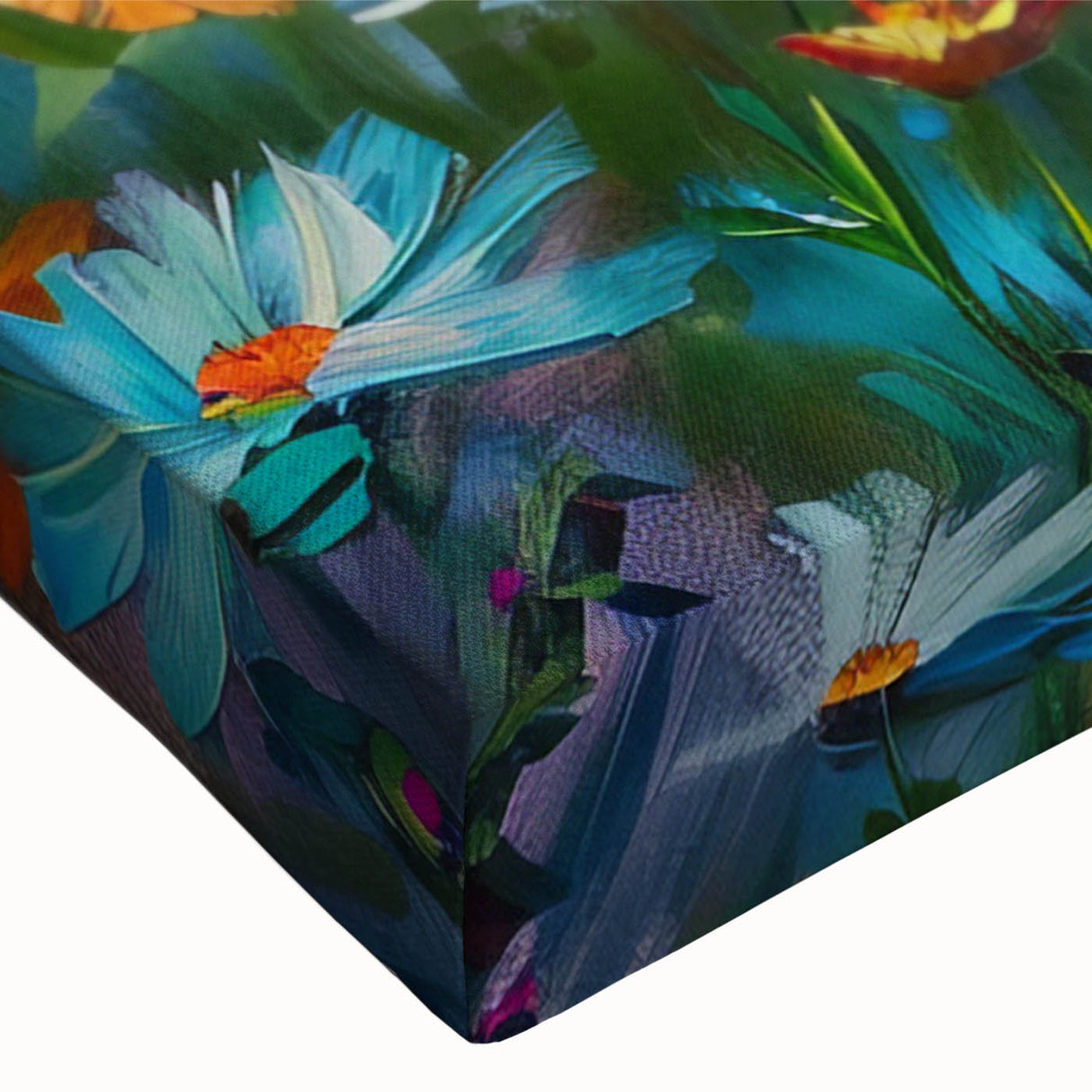 Close-up of vibrant wildflower wall art design on stretched canvas, showcasing intricate details and bold colors, perfect for home decor enhancement.