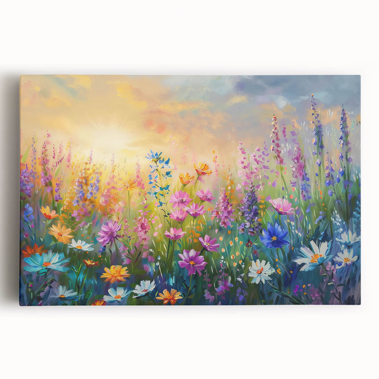 Stretched canvas wall art showcasing a vibrant wildflower design in rich colors, perfect for brightening up home decor or art collections. Ideal for nature-inspired interiors.