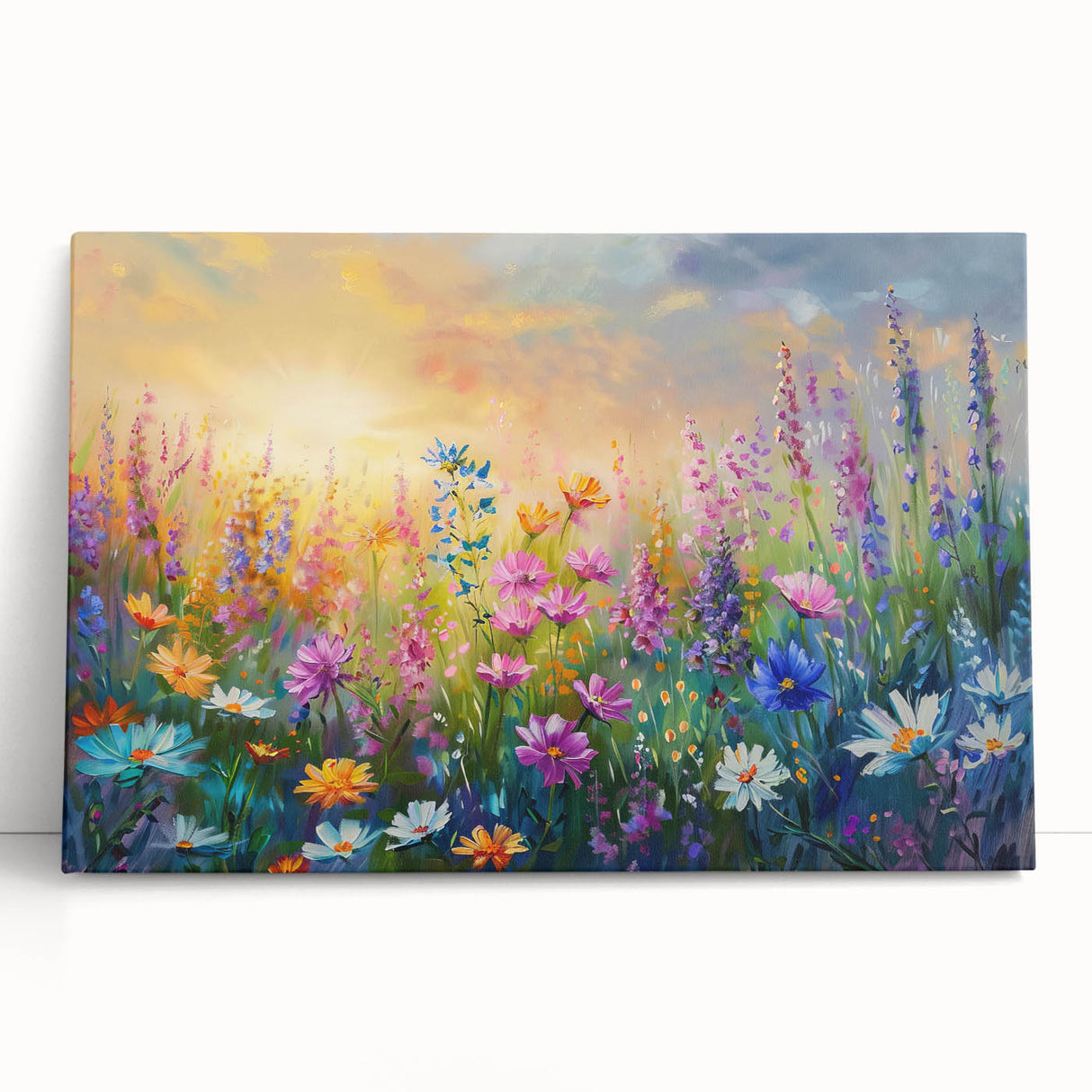 Vibrant stretched canvas wall art featuring a captivating wildflower design, showcasing colorful blooms and intricate details, perfect for enhancing modern decor.