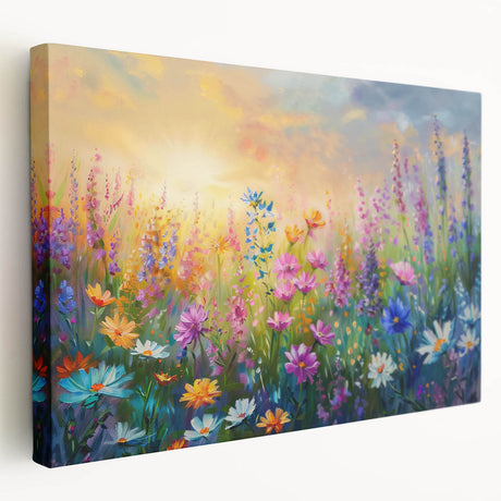 Stretched canvas wall art featuring a vibrant wildflower design in a side view, showcasing rich colors and intricate details, perfect for home decor.