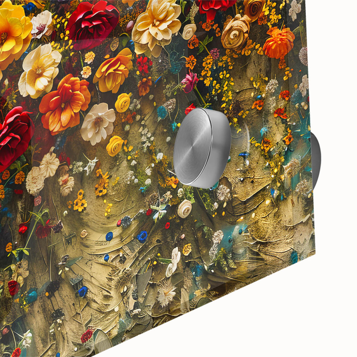 Vibrant close-up of a wildflower wall art design collection featuring intricate acrylic glass textures, showcasing colorful floral patterns ideal for home decor.