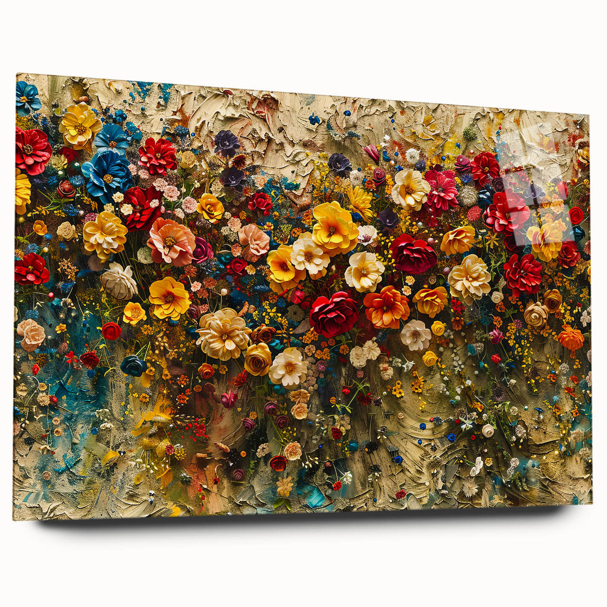 Acrylic glass wall art collection showcasing vibrant wildflower designs in an elegant side view, emphasizing color and detail, ideal for home decor.