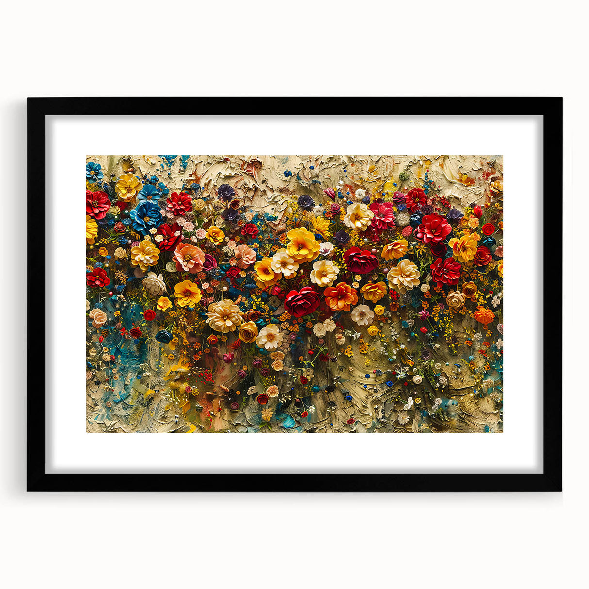 Framed wall art collection featuring a vibrant wildflower design with a black mat and frame, showcasing a modern aesthetic for home decor. Perfect for nature lovers, this art piece enhances any room with its colorful and striking floral imagery.