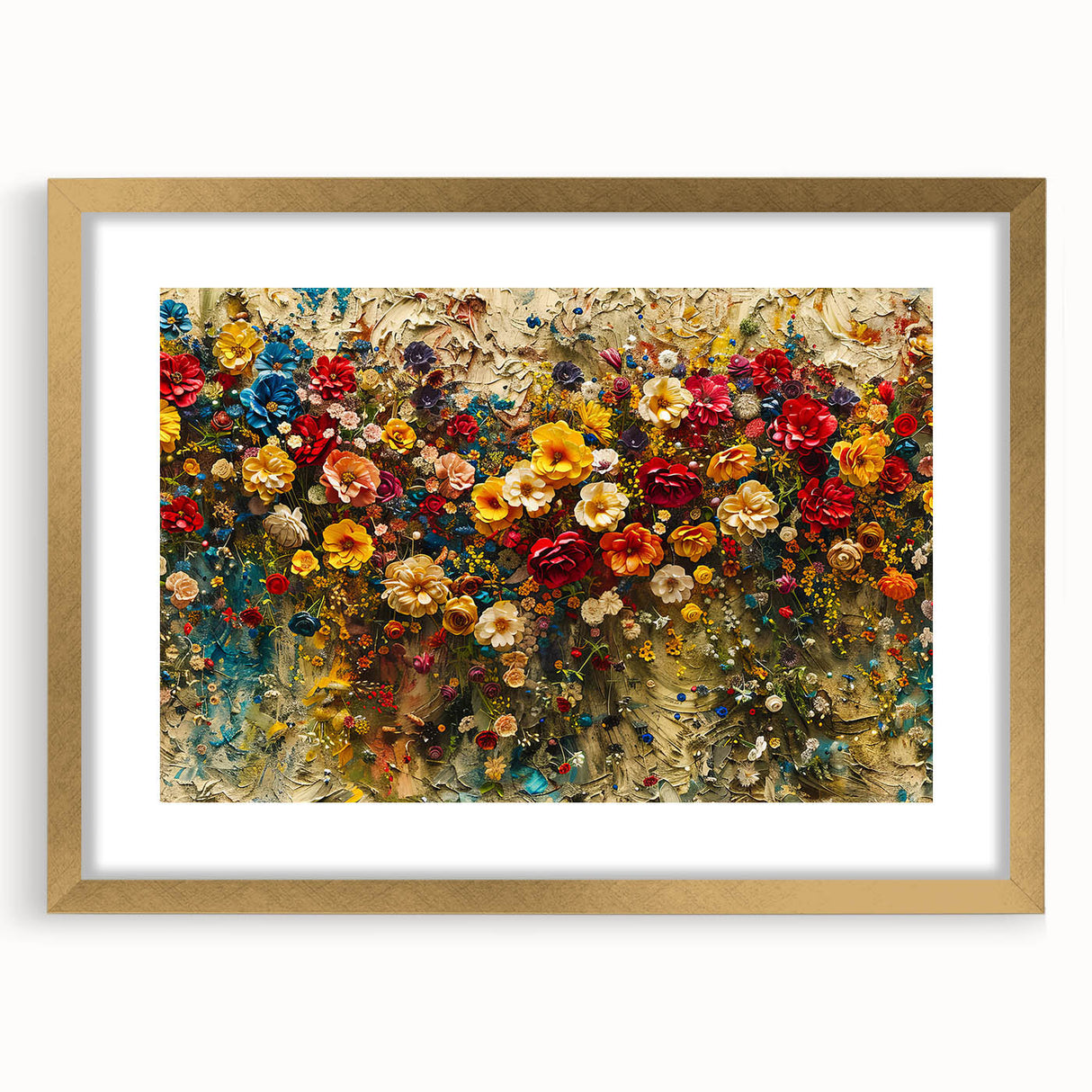 Framed wall art collection featuring vibrant wildflower designs with a gold mat border, showcasing a modern aesthetic perfect for home decor. Ideal for nature lovers.