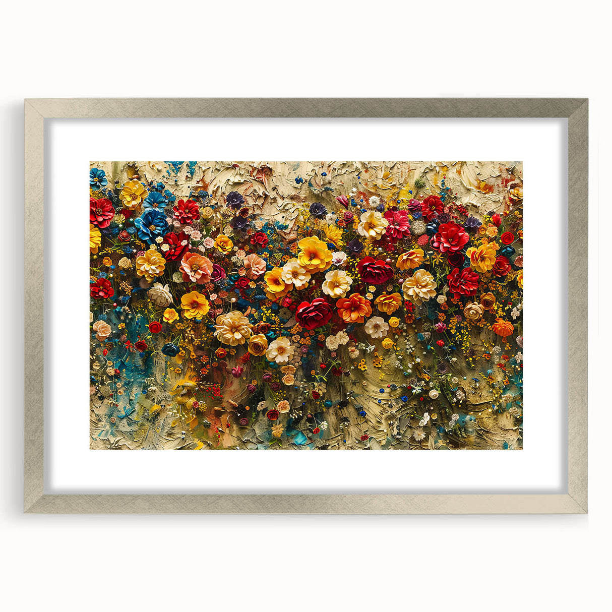 Stylish wall art collection featuring a framed wildflower design with a silver mat, showcasing vibrant colors and intricate floral details, perfect for home decor.