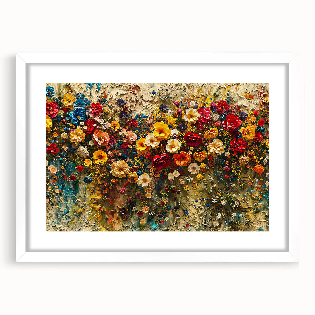 Framed wall art featuring a vibrant wildflower design, presented in a white mat, perfect for home decor. Ideal for nature lovers and modern interiors.