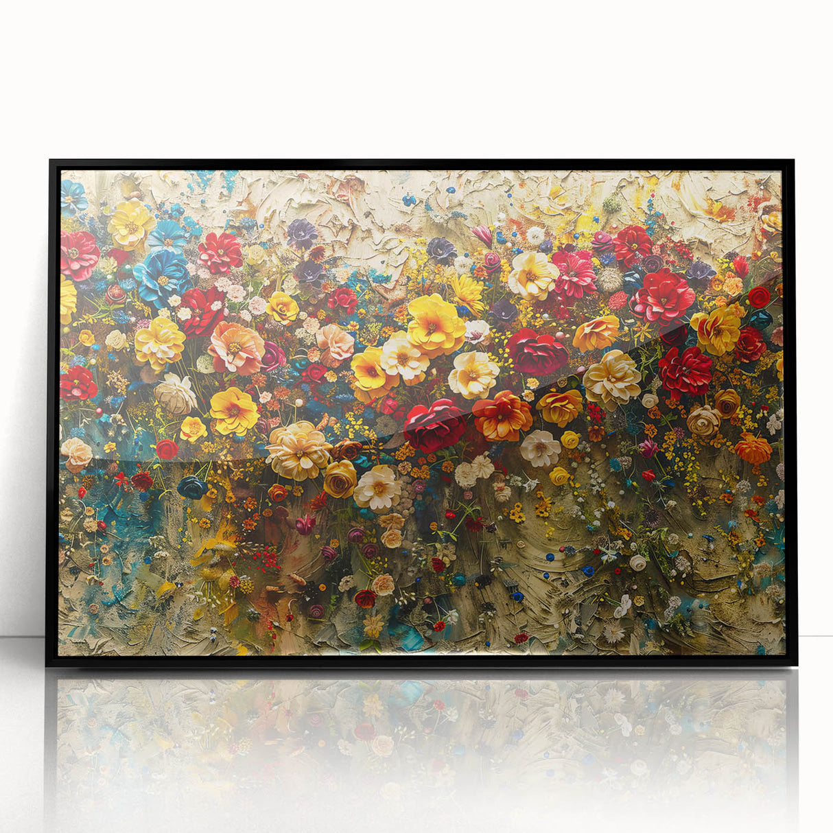 Framed wall art featuring a vibrant wildflower design, set in a sleek black frame, ideal for home decor and enhancing interior aesthetics. Perfect for nature lovers.