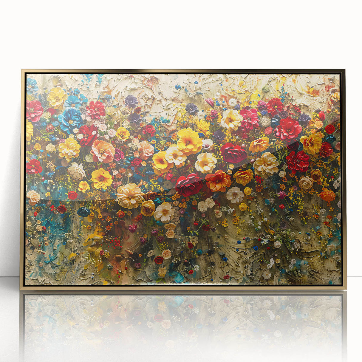 Framed wall art collection featuring a vibrant design of wildflowers with gold accents, displayed in an elegant acrylic frame, perfect for home decor.