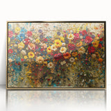 Framed wall art collection featuring a vibrant design of wildflowers with gold accents, displayed in an elegant acrylic frame, perfect for home decor.