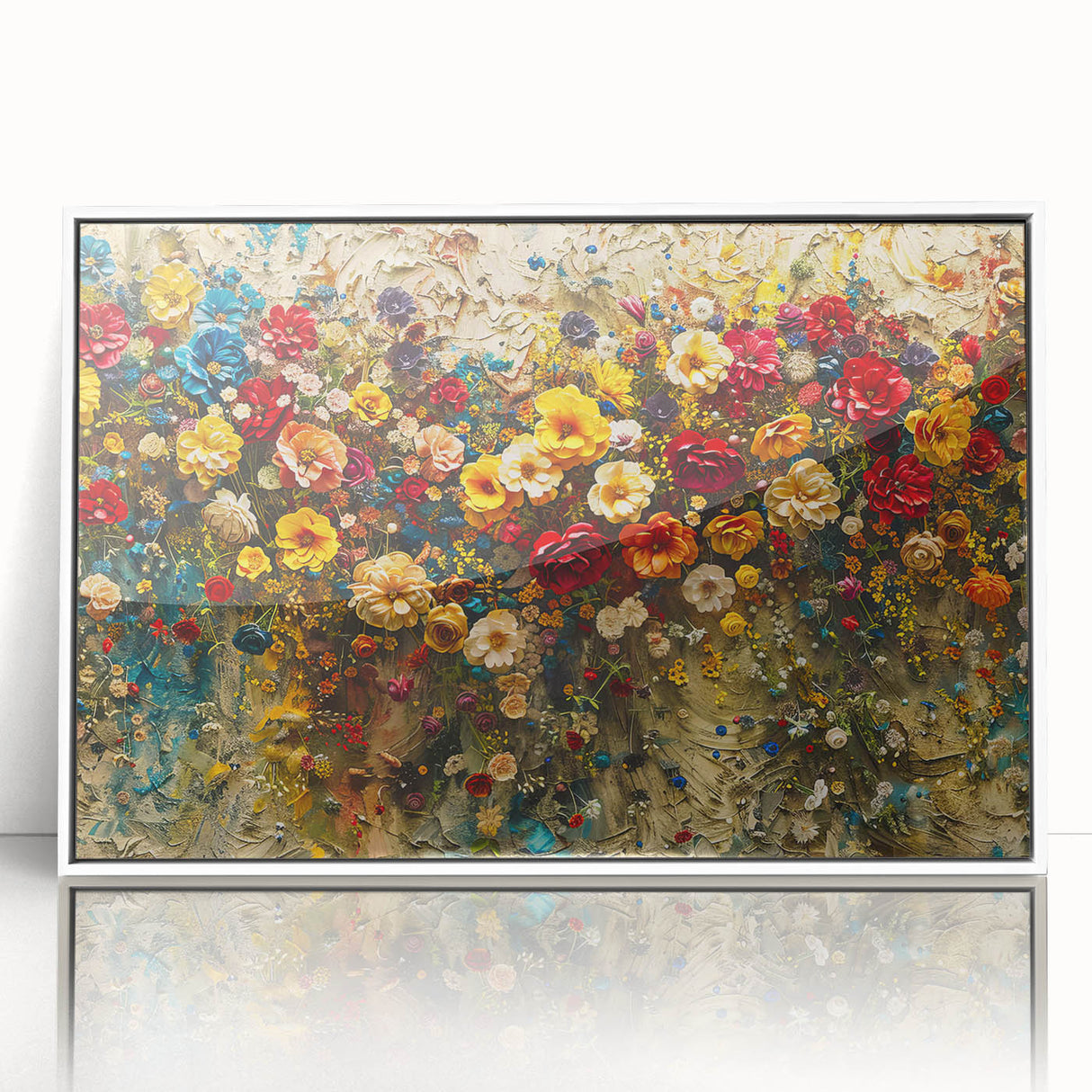 Framed wall art collection showcasing a vibrant wildflower design in acrylic, featuring a white frame that enhances the colorful floral patterns, ideal for home decor.