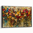 Framed canvas wall art featuring a colorful wildflower design with a sleek black frame, showcasing vibrant floral patterns ideal for home decor enhancement.