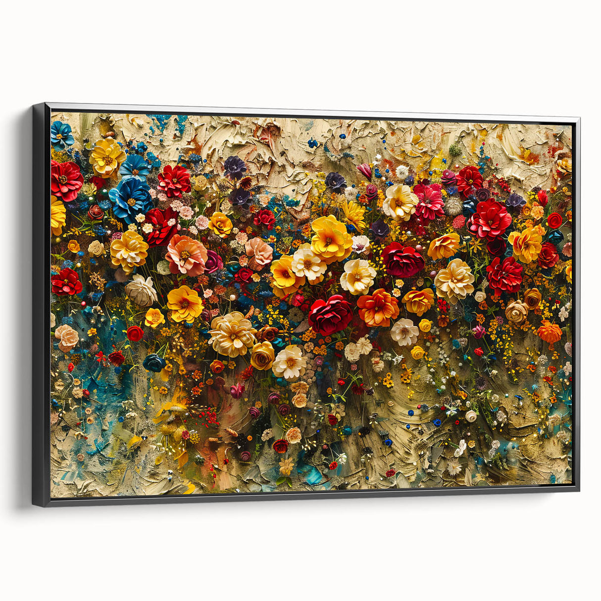 Framed canvas wall art featuring a colorful wildflower design with a sleek black frame, showcasing vibrant floral patterns ideal for home decor enhancement.