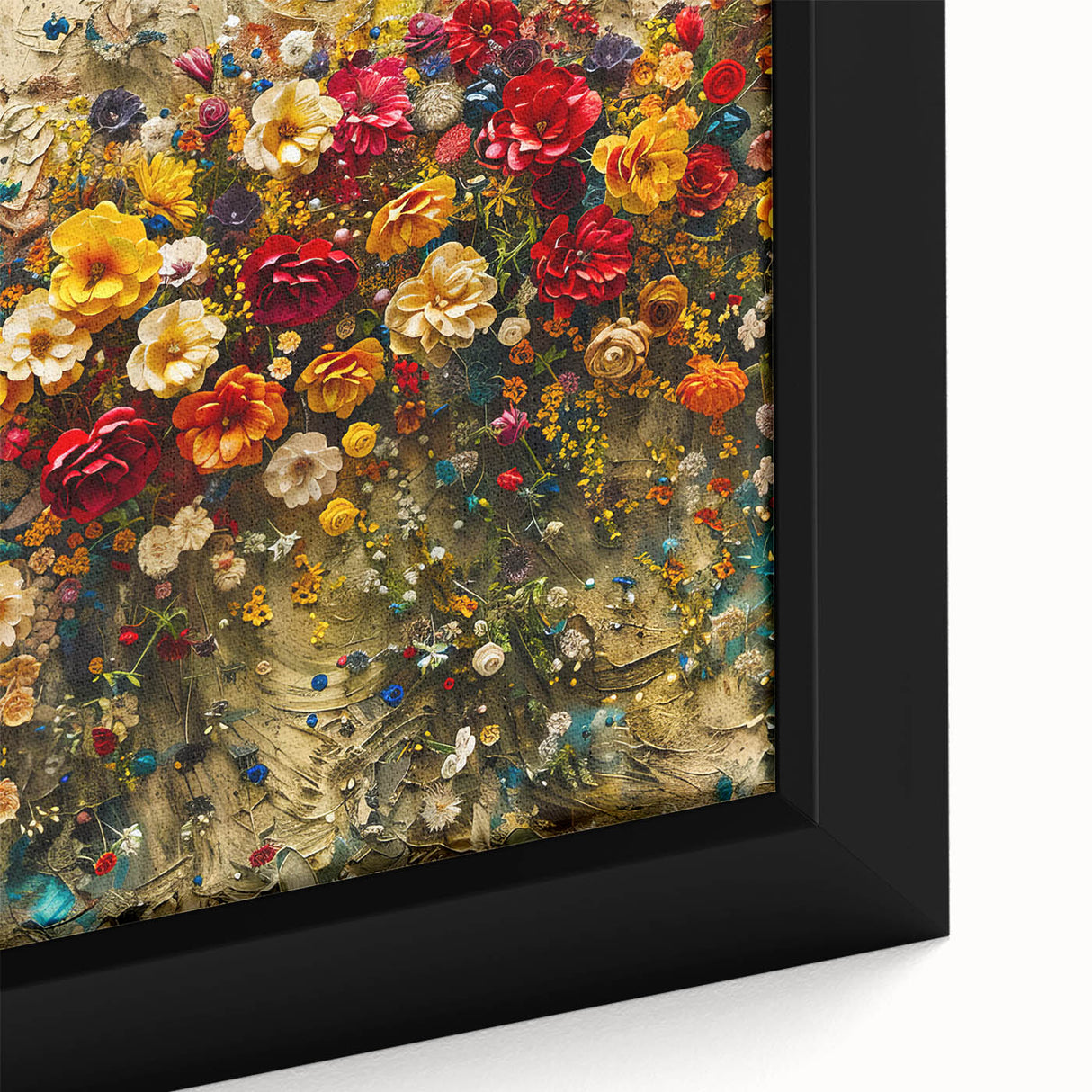 Close-up view of a framed canvas wall art collection featuring vibrant wildflower designs, showcasing intricate details and rich colors, perfect for home decor.