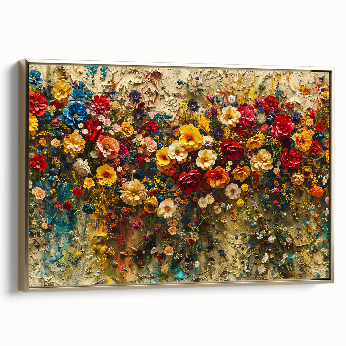 Framed canvas wall art showcasing a vibrant wildflower design with intricate details, set against a gold frame, enhancing any modern decor aesthetic.