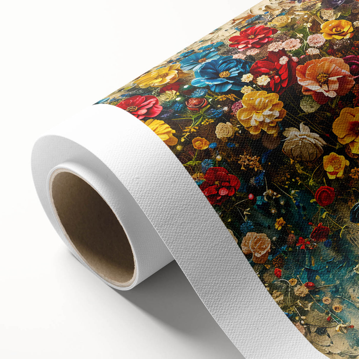 Vibrant rolled canvas showcasing a wildflower design in bold colors, ideal for enhancing home decor; securely packaged for safe delivery in a cardboard tube.